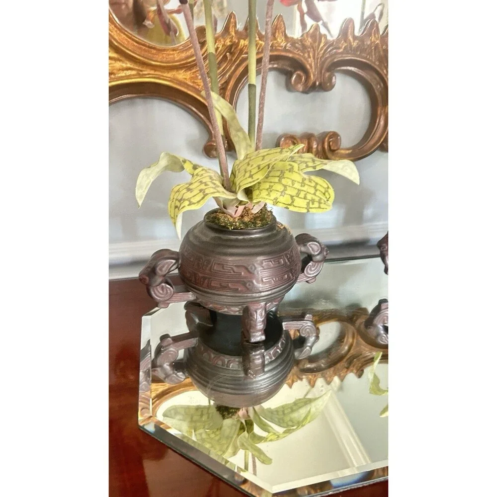 Pair Of Faux Burgundy Orchids in Chinese Resin Footed Bowl 21